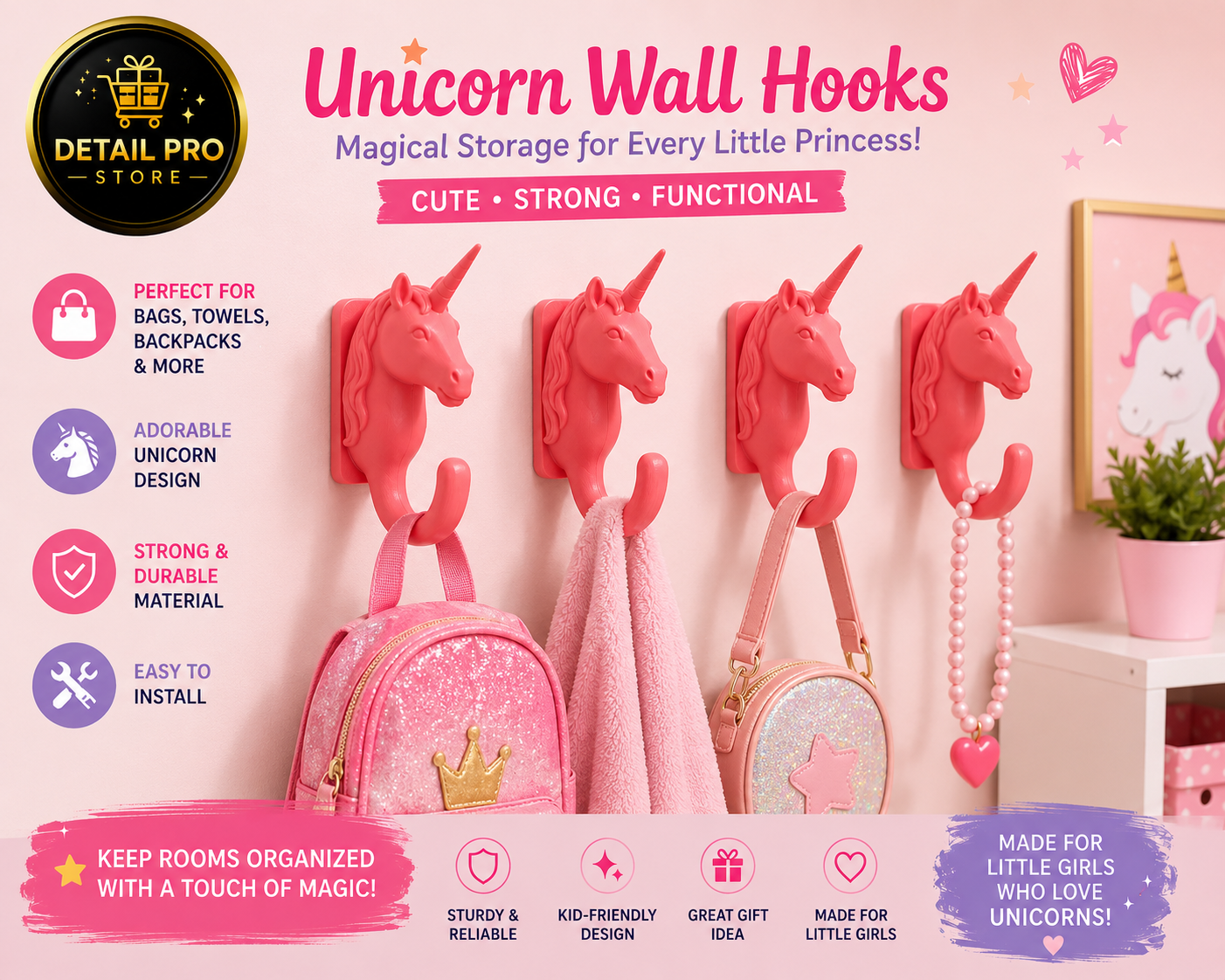 Unicorn Wall Hooks for Girls – Set of 4 Decorative Wall Hooks for Backpacks, Towels, Coats & Accessories | Cute Kids Room Organizer