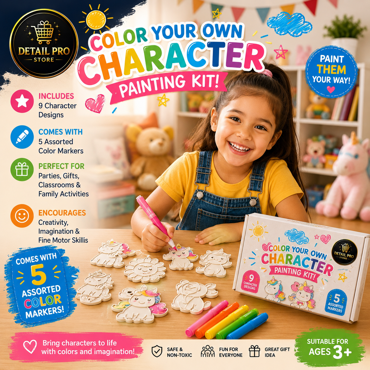 DIY Unicorn & Flower Coloring Kit – 6 Colorable Designs with 5 Assorted Markers | Creative Arts & Crafts Activity for Kids Ages 3+