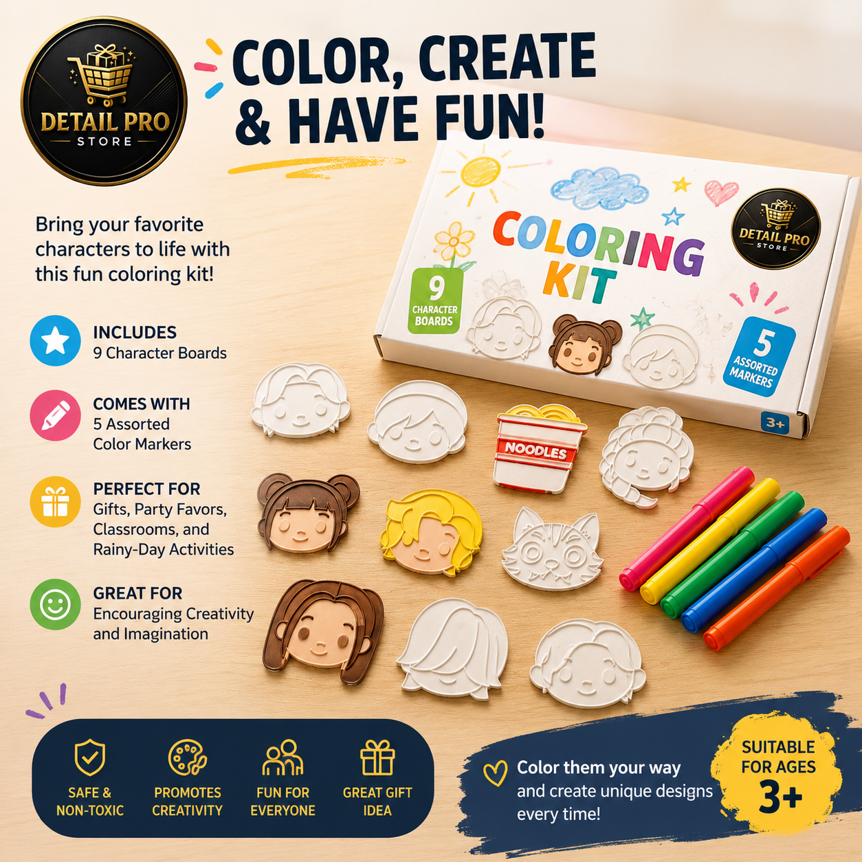 Kids Coloring Kit – 9 Character Boards with 5 Assorted Color Markers | Creative Art Activity for Children Ages 3+