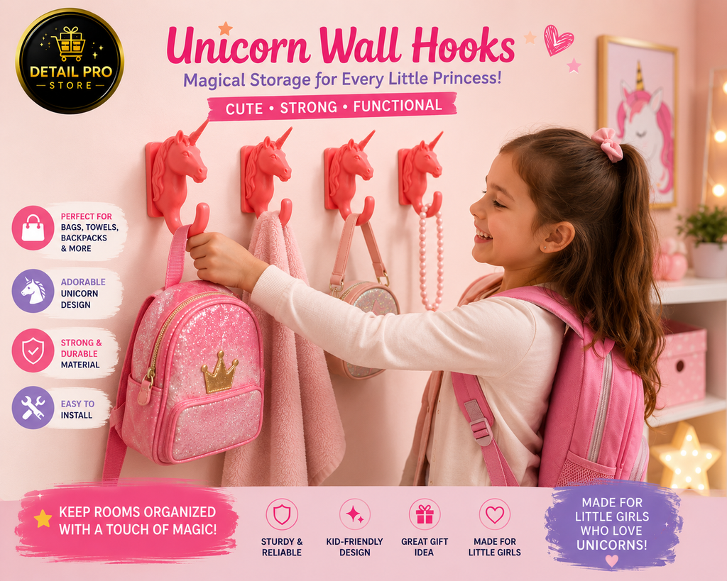Unicorn Wall Hooks for Girls – Set of 4 Decorative Wall Hooks for Backpacks, Towels, Coats & Accessories | Cute Kids Room Organizer