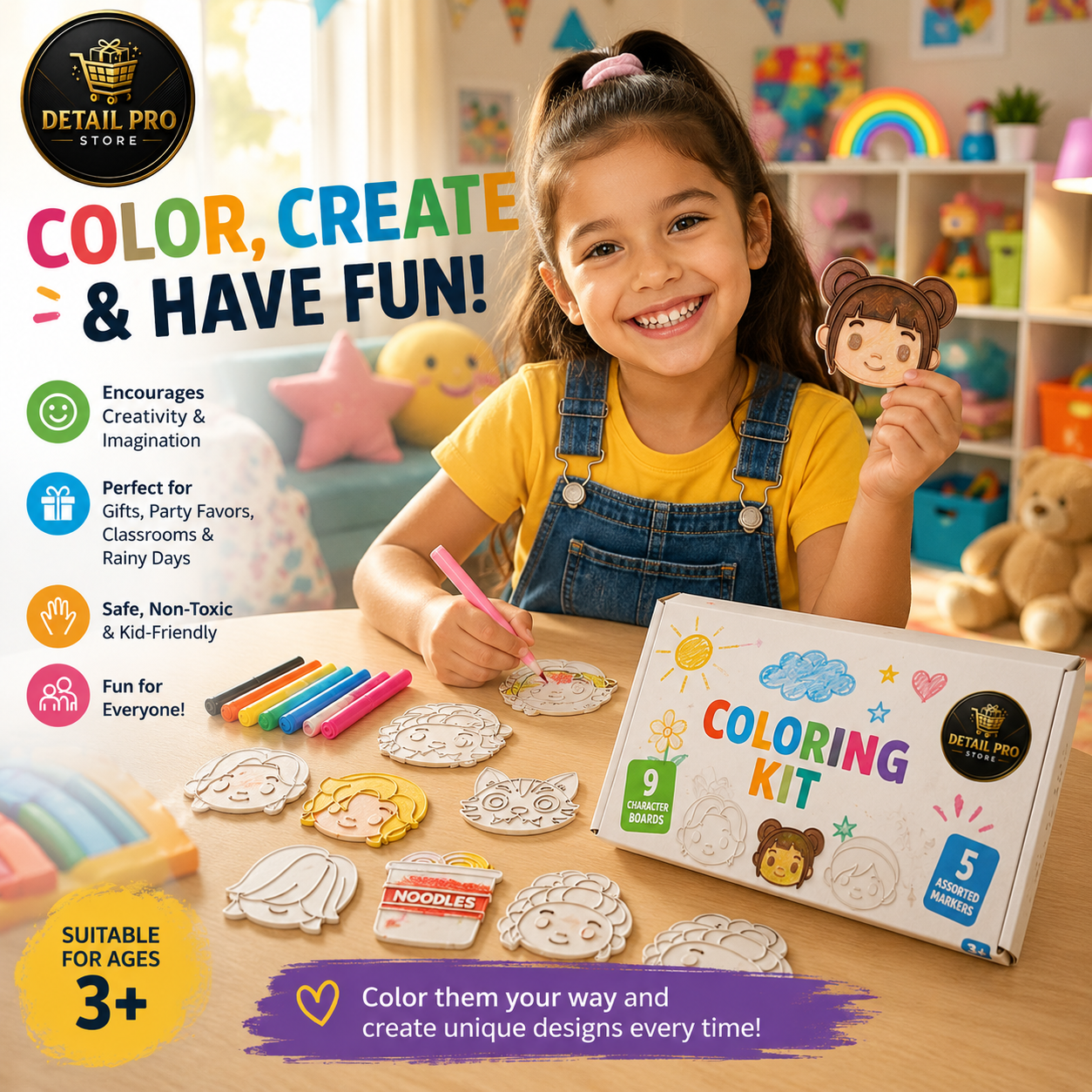 Kids Coloring Kit – 9 Character Boards with 5 Assorted Color Markers | Creative Art Activity for Children Ages 3+