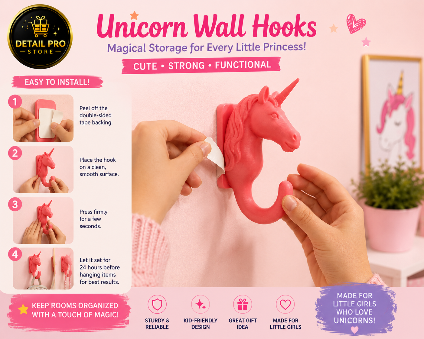 Unicorn Wall Hooks for Girls – Set of 4 Decorative Wall Hooks for Backpacks, Towels, Coats & Accessories | Cute Kids Room Organizer