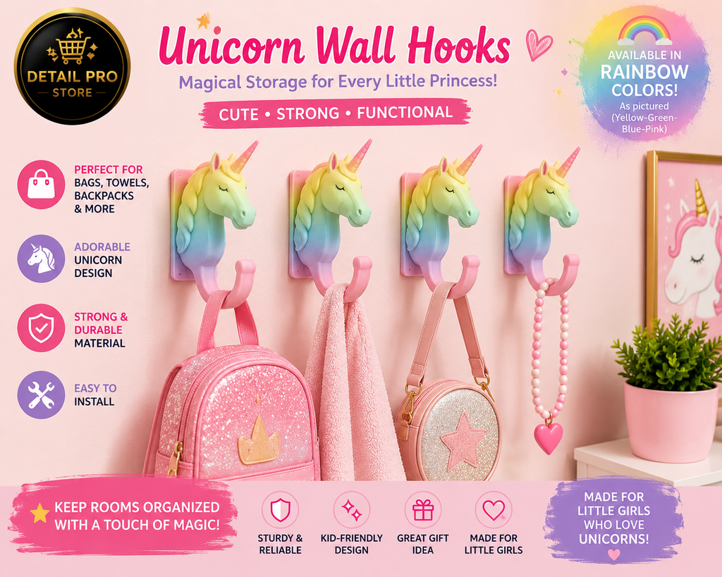Unicorn Wall Hooks for Girls – Set of 4 Decorative Wall Hooks for Backpacks, Towels, Coats & Accessories | Cute Kids Room Organizer