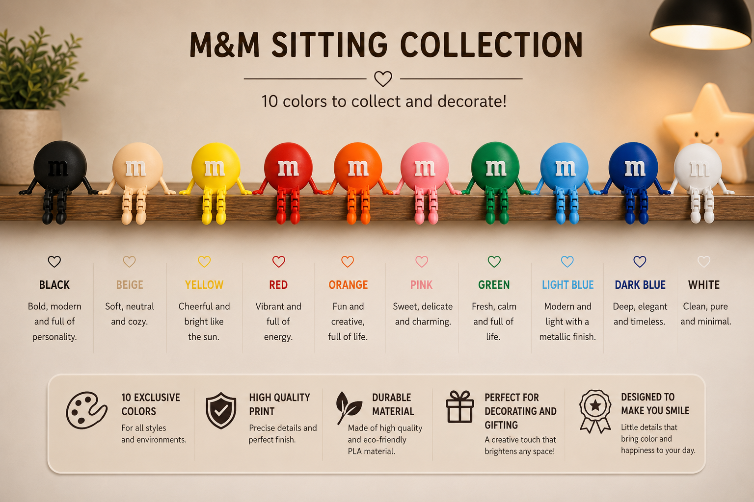 Kit (10 pieces) M&M Inspired Shelf Sitter Figure | Articulated Desk Toy | Colorful Collectible Decor | 3D Printed Home Decoration