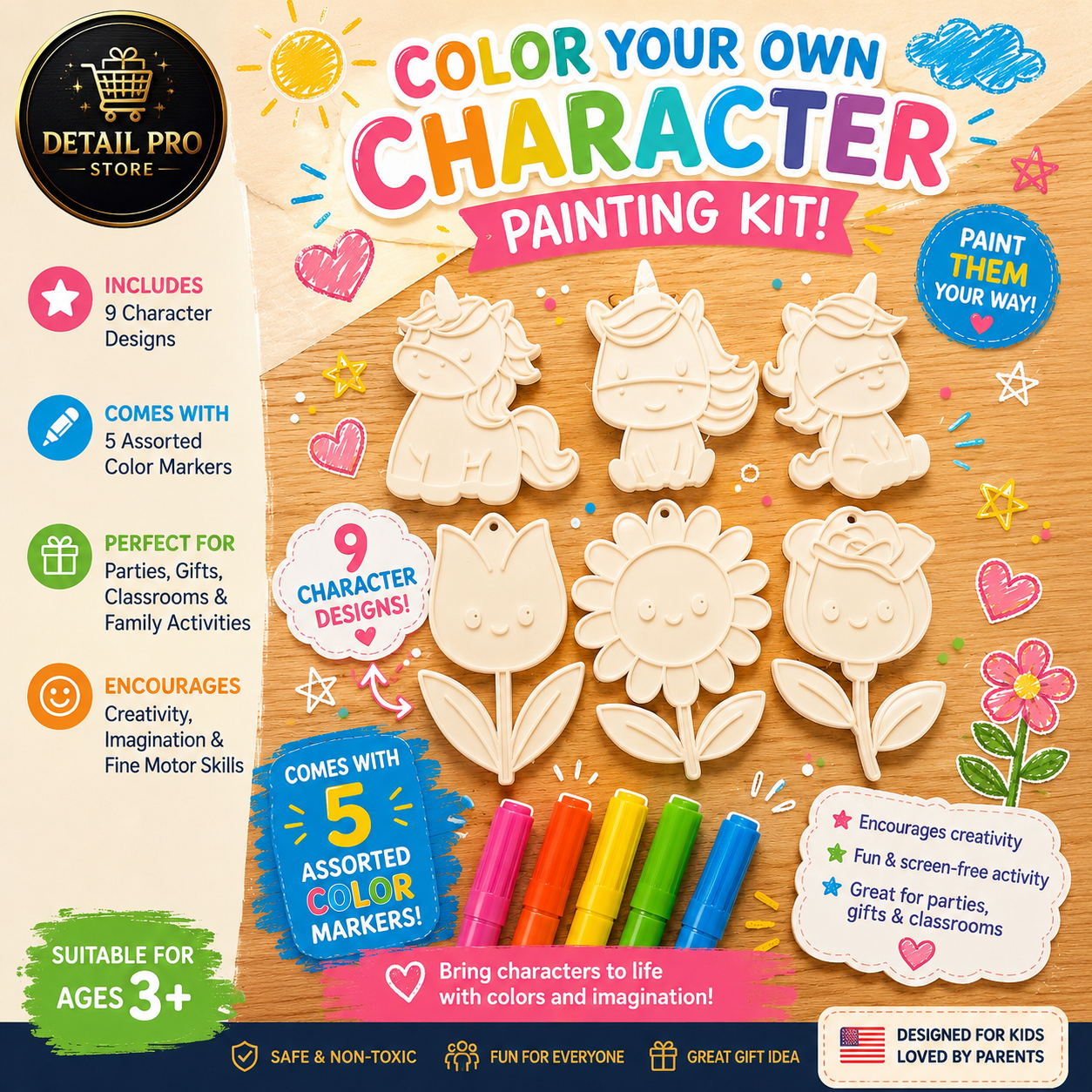 DIY Unicorn & Flower Coloring Kit – 6 Colorable Designs with 5 Assorted Markers | Creative Arts & Crafts Activity for Kids Ages 3+