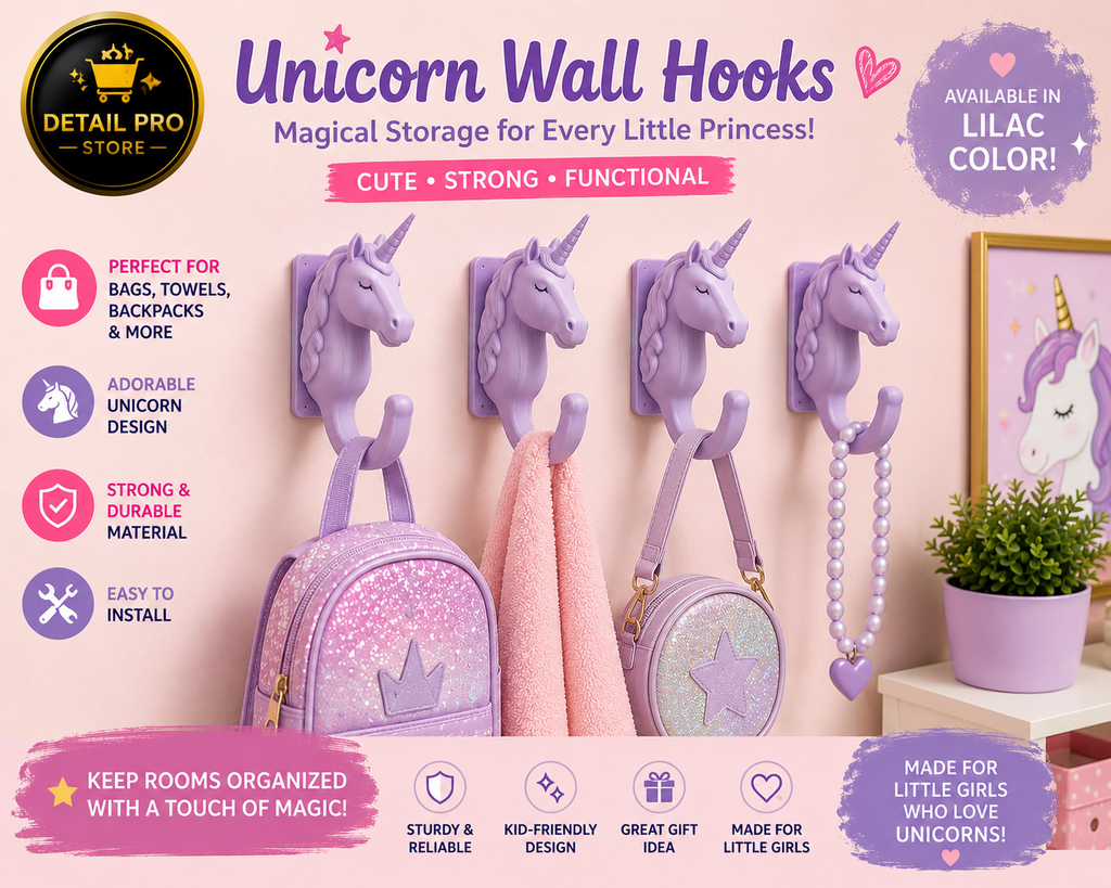 Unicorn Wall Hooks for Girls – Set of 4 Decorative Wall Hooks for Backpacks, Towels, Coats & Accessories | Cute Kids Room Organizer