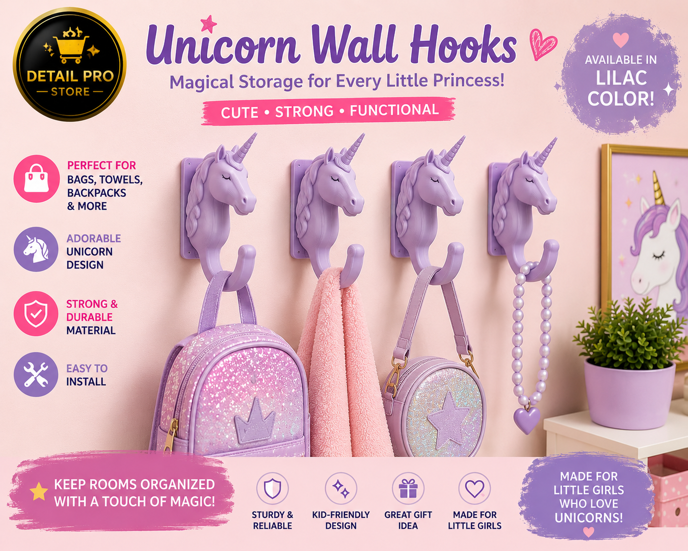 Unicorn Wall Hooks for Girls – Set of 4 Decorative Wall Hooks for Backpacks, Towels, Coats & Accessories | Cute Kids Room Organizer