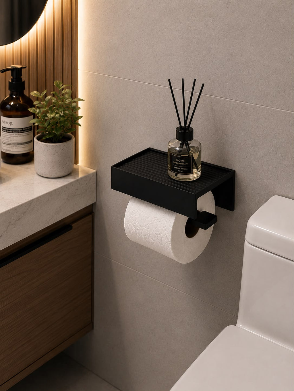 Wall Mounted Toilet Paper Holder with Shelf, Screw Mount, Black