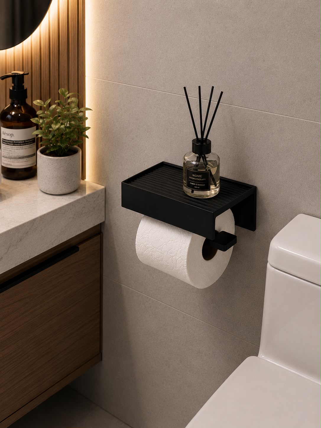 Wall Mounted Toilet Paper Holder with Shelf, Screw Mount, Black