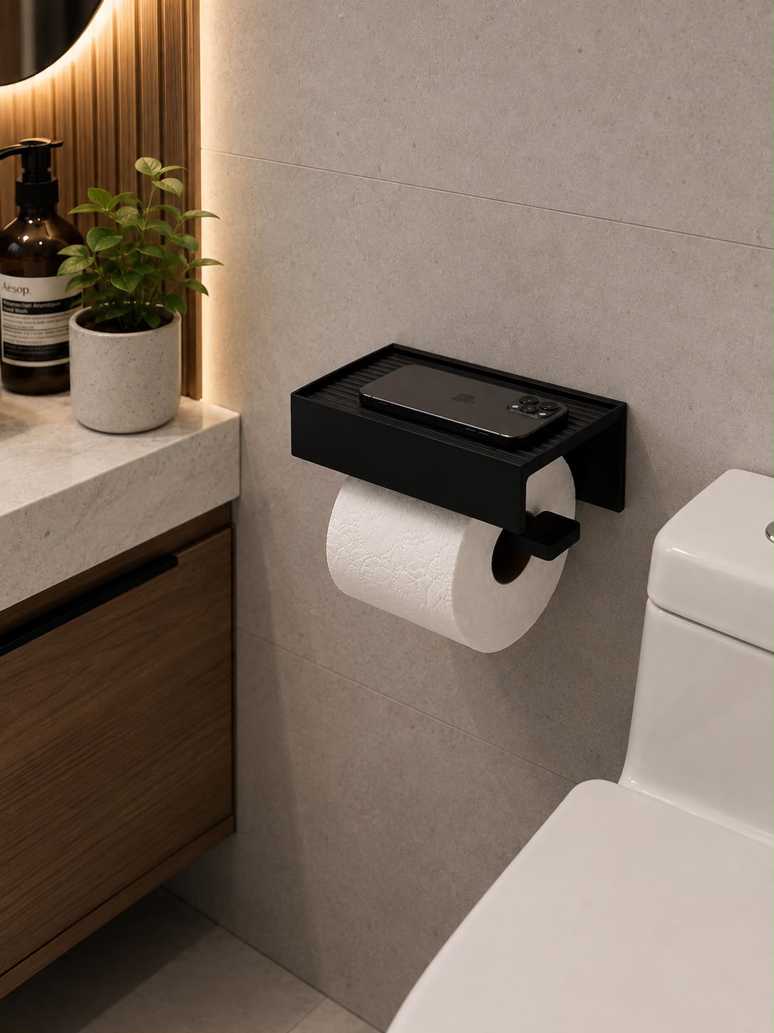 Wall Mounted Toilet Paper Holder with Shelf, Screw Mount, Black