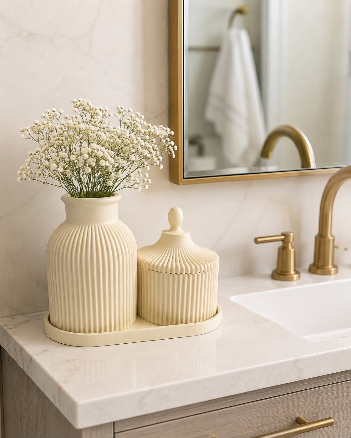 3-Piece Bathroom Vanity Organizer Set with Vase & Jar, Ivory