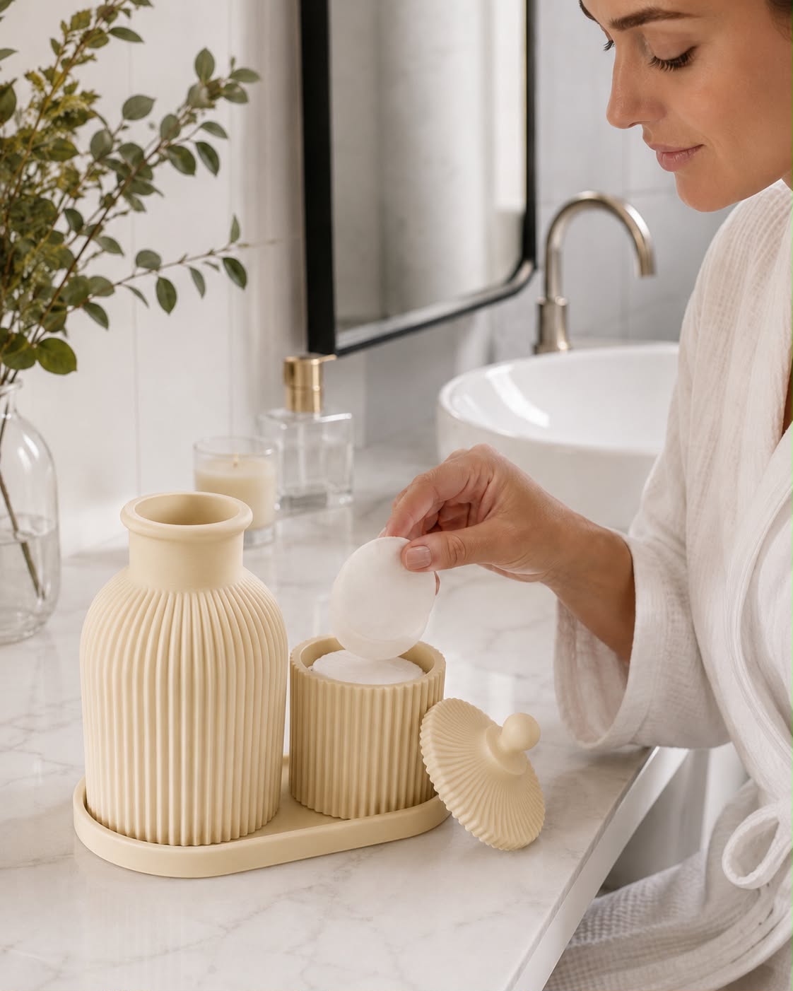 3-Piece Bathroom Vanity Organizer Set with Vase & Jar, Ivory