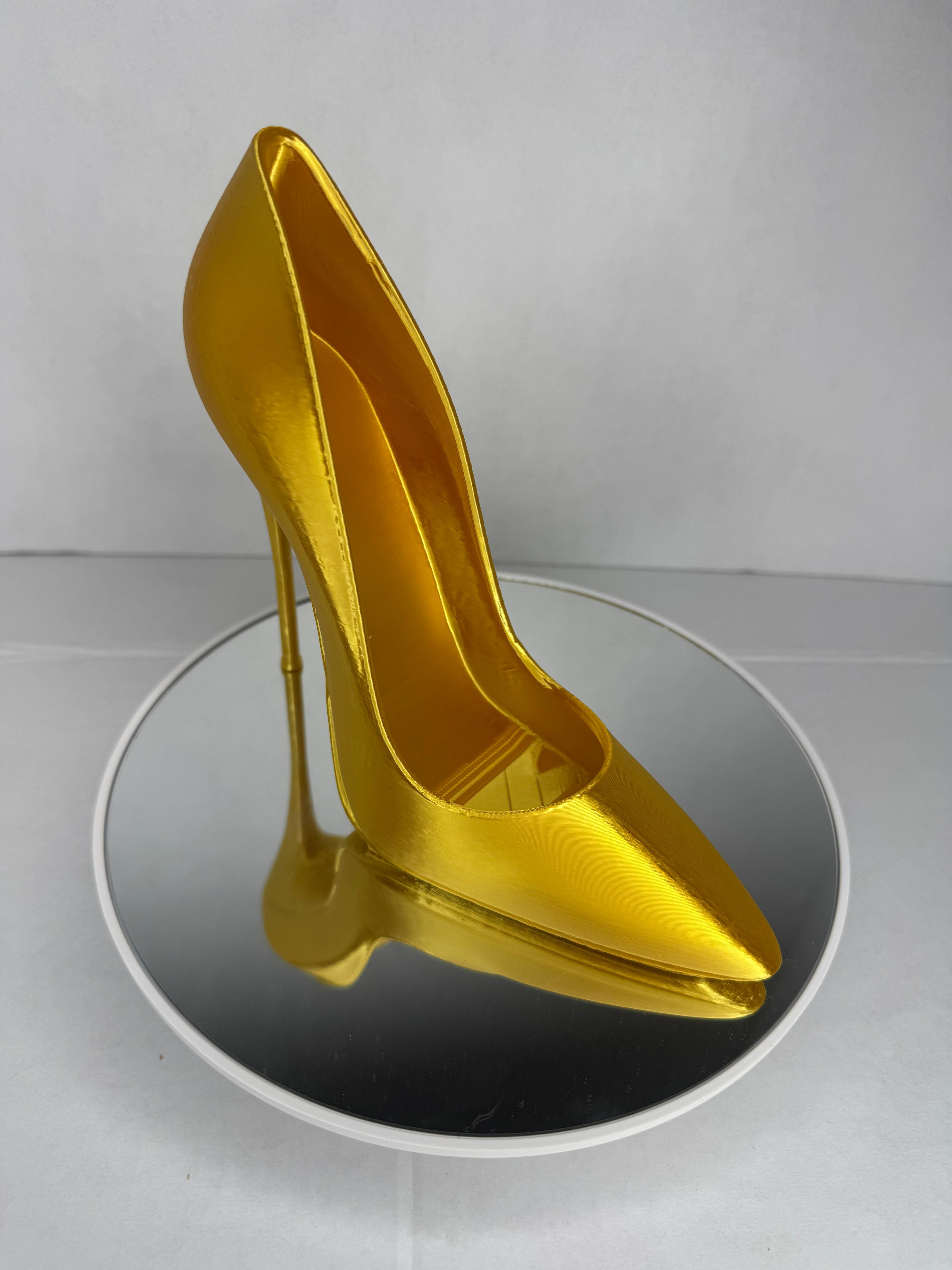 Gold High Heel Sculpture, 3D Printed Stiletto Home Decor