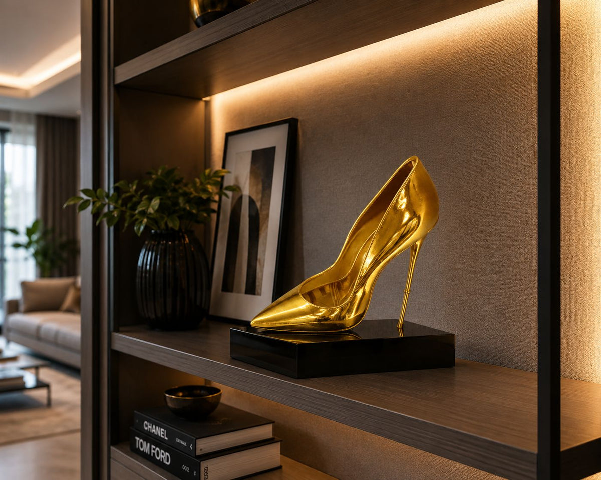 Gold High Heel Sculpture, 3D Printed Stiletto Home Decor