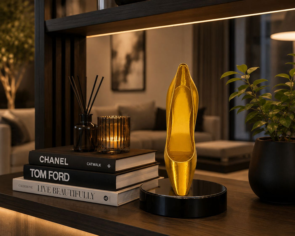 Gold High Heel Sculpture, 3D Printed Stiletto Home Decor