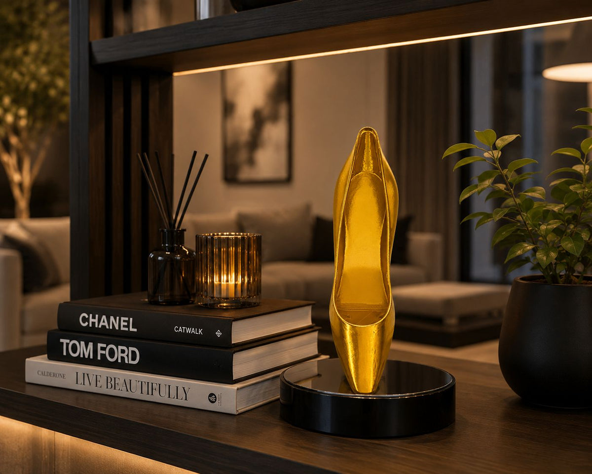 Gold High Heel Sculpture, 3D Printed Stiletto Home Decor
