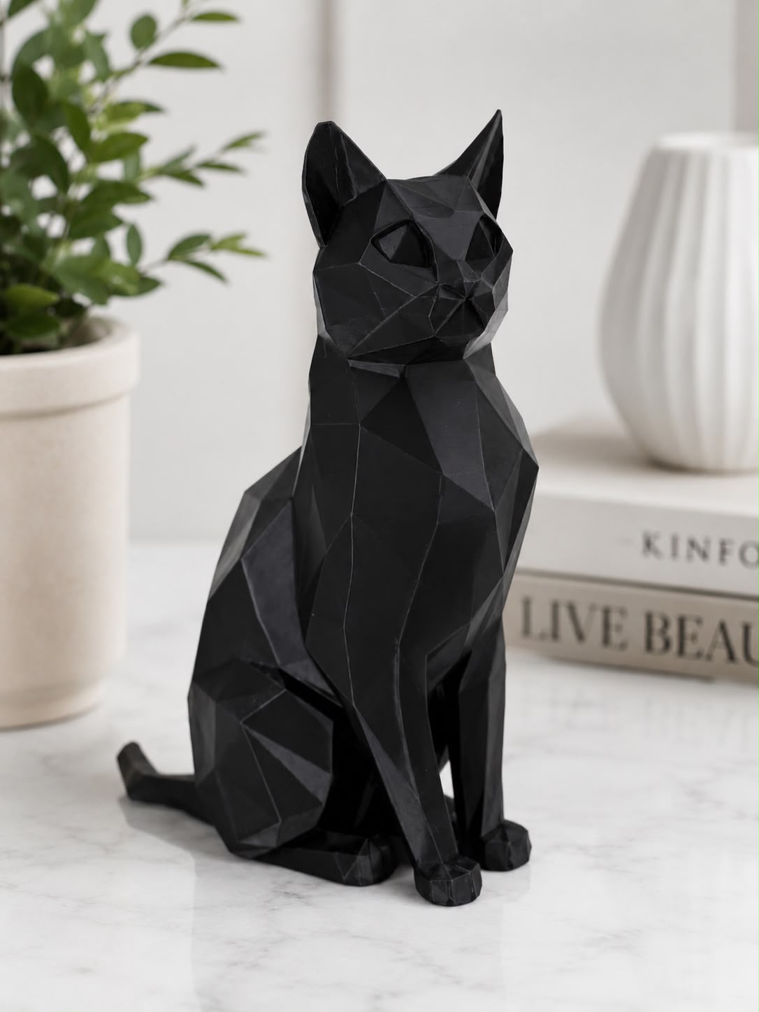 3D Printed Low Poly Cat Figurine, Modern Cat Sculpture, Black Home Decor