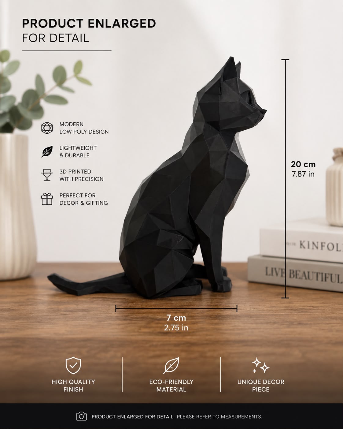 3D Printed Low Poly Cat Figurine, Modern Cat Sculpture, Black Home Decor