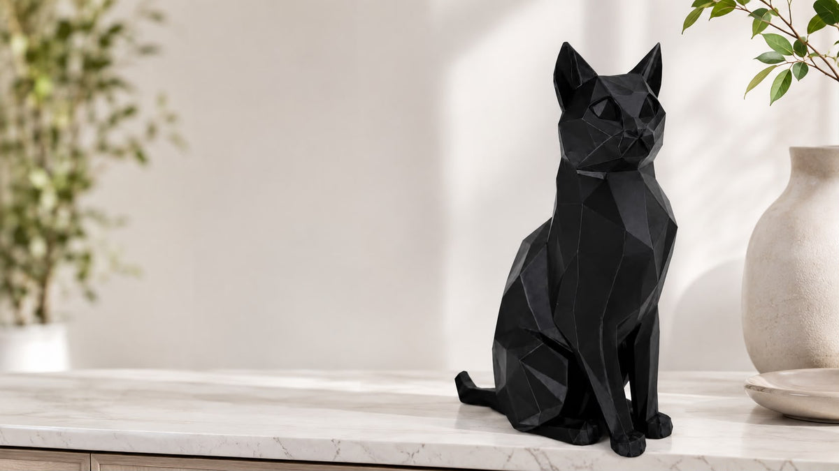 3D Printed Low Poly Cat Figurine, Modern Cat Sculpture, Black Home Decor