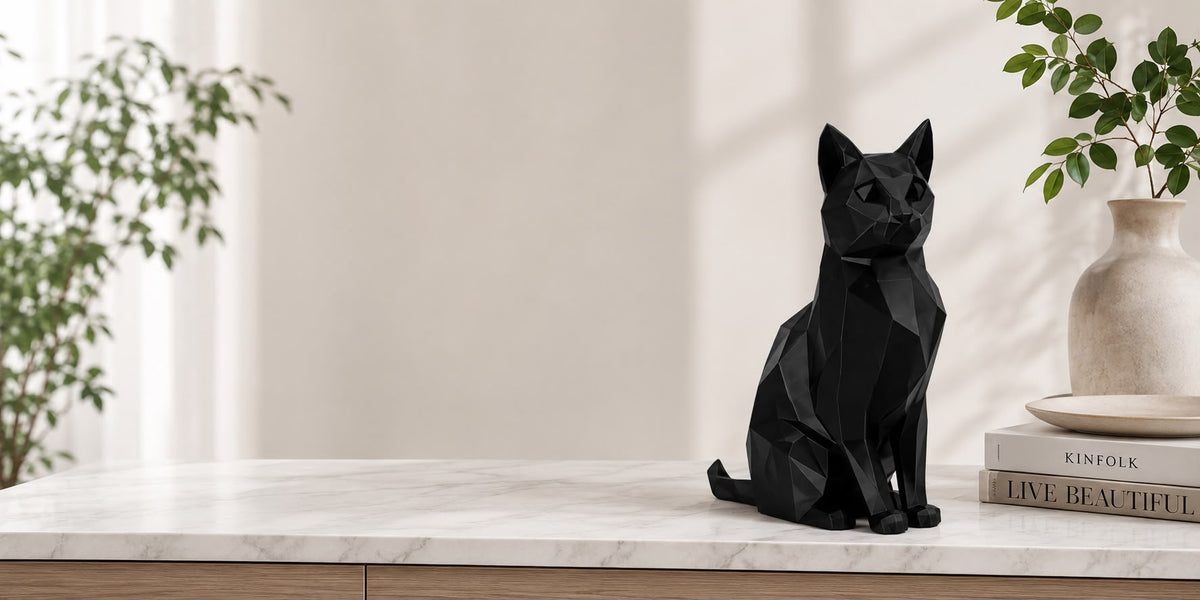 3D Printed Low Poly Cat Figurine, Modern Cat Sculpture, Black Home Decor