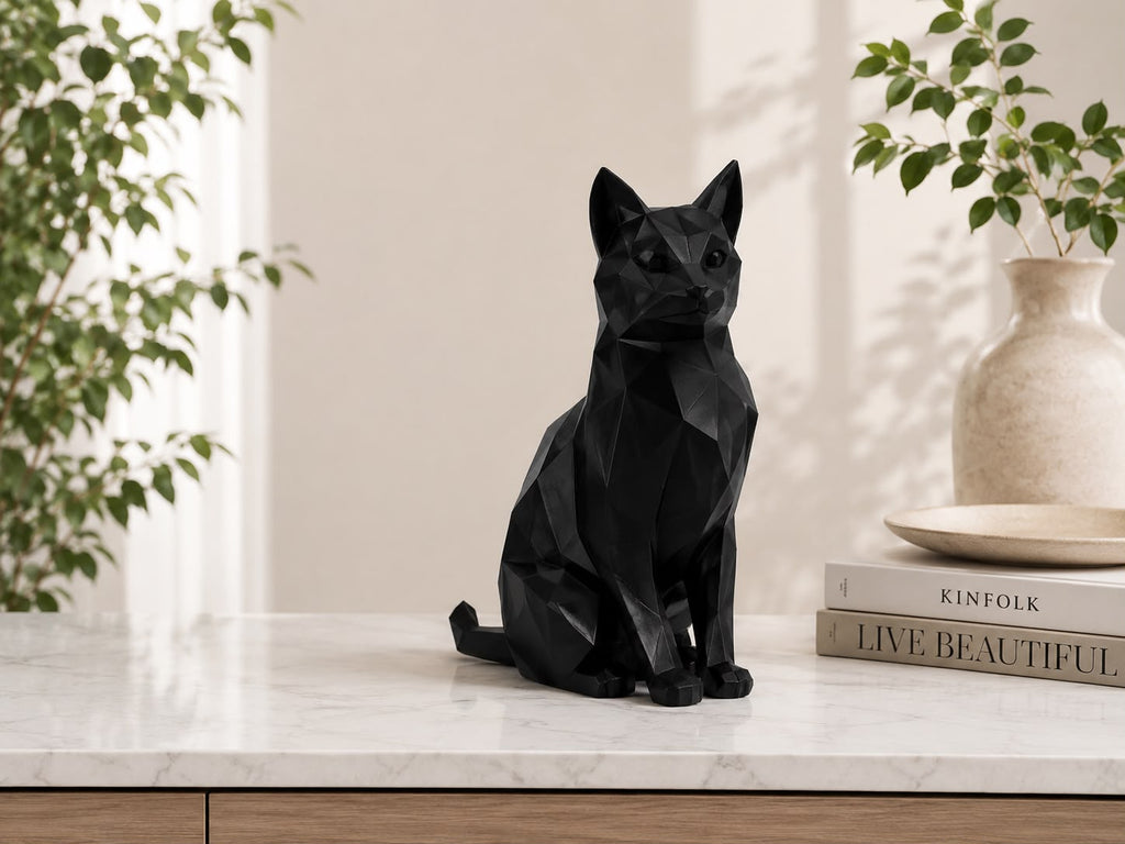 3D Printed Low Poly Cat Figurine, Modern Cat Sculpture, Black Home Decor