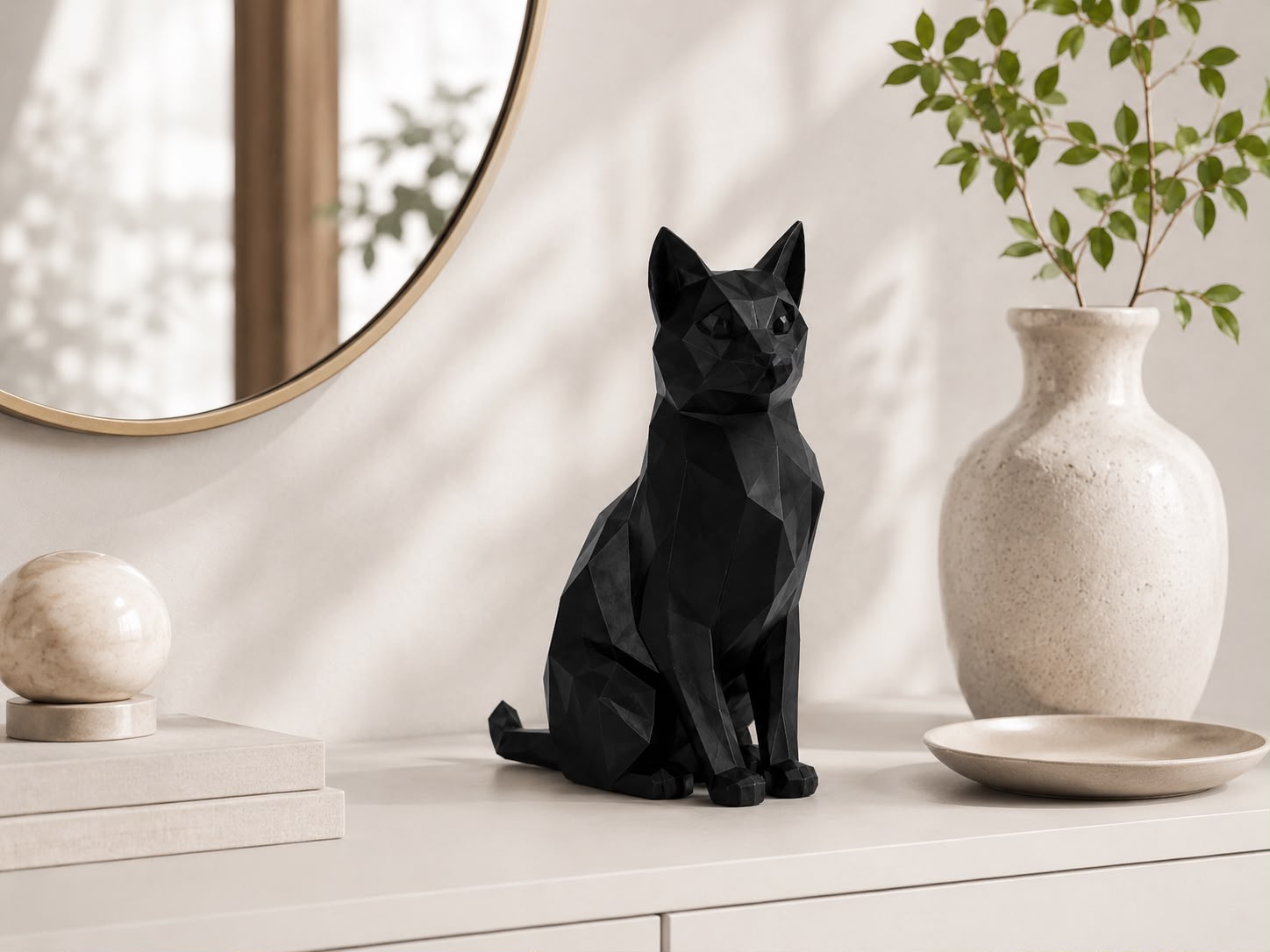 3D Printed Low Poly Cat Figurine, Modern Cat Sculpture, Black Home Decor