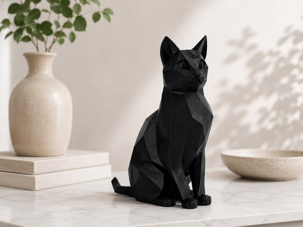 3D Printed Low Poly Cat Figurine, Modern Cat Sculpture, Black Home Decor
