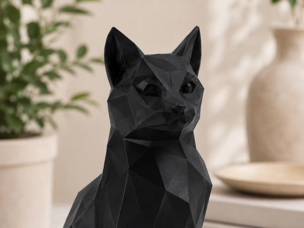 3D Printed Low Poly Cat Figurine, Modern Cat Sculpture, Black Home Decor