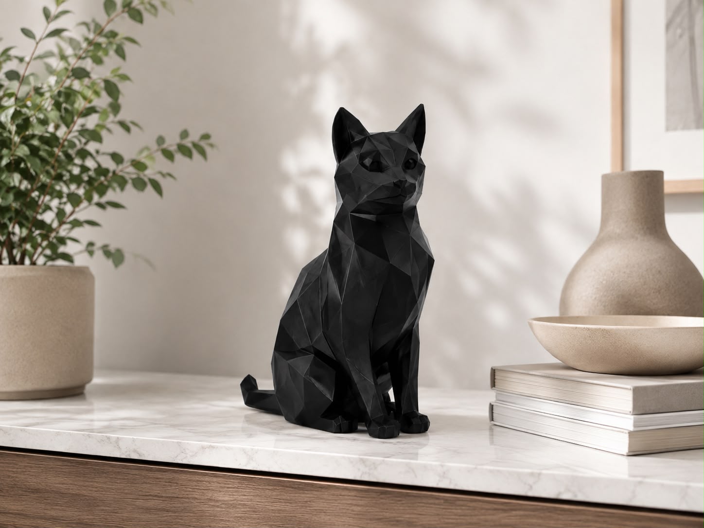 3D Printed Low Poly Cat Figurine, Modern Cat Sculpture, Black Home Decor