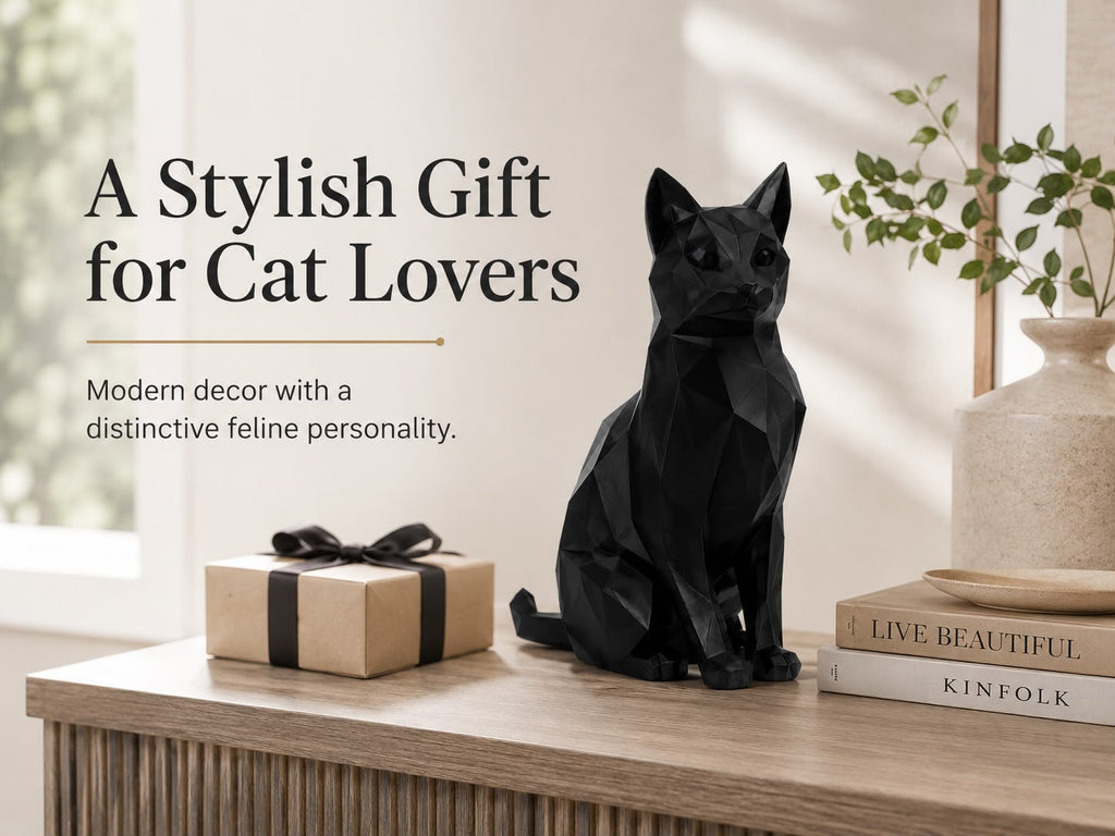 3D Printed Low Poly Cat Figurine, Modern Cat Sculpture, Black Home Decor
