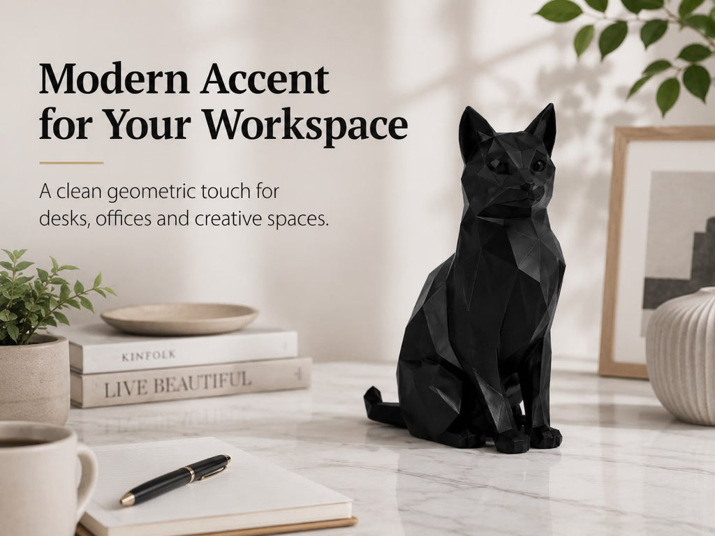 3D Printed Low Poly Cat Figurine, Modern Cat Sculpture, Black Home Decor