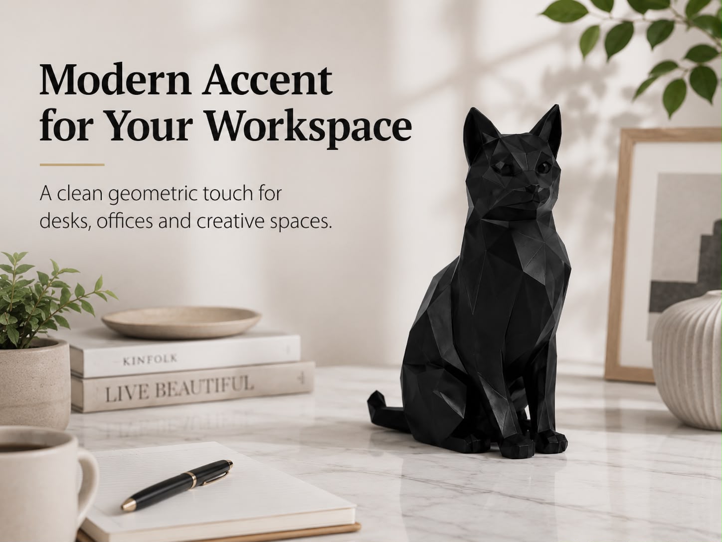 3D Printed Low Poly Cat Figurine, Modern Cat Sculpture, Black Home Decor
