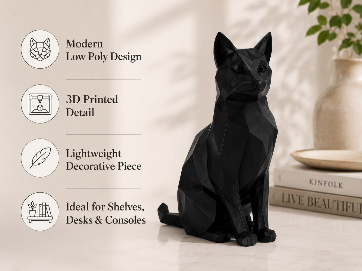 3D Printed Low Poly Cat Figurine, Modern Cat Sculpture, Black Home Decor